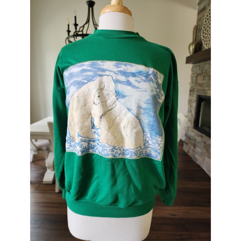80s 90s Nutcracker Hugging Polar Bears Graphic Crewneck‎ Sweatshirt size L green